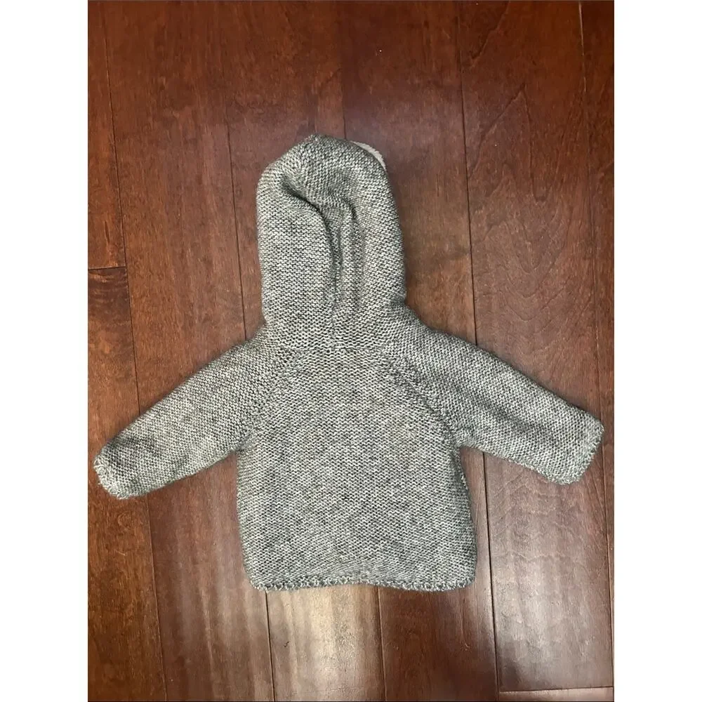 Zara Kid’s Gray Knit Hooded Baby Sweater with Cream Sherpa Lining, Size 1-3 M
